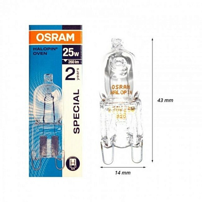 Лампа OSRAM G9 25W 220V CL для духовок 66725 купить Галогеновые
