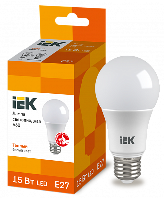 Лампа светодиодная IEK A60 15W E27 3000K 1350 Лм купить Светодиодные
