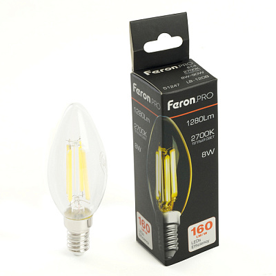 Лампа светодиодная Feron LB-1208 8W E14 2700K свеча филамент 160Lm 51247 купить Светодиодные