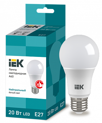 Лампа светодиодная IEK A60 20W E27 4000K 1800 Лм купить Светодиодные