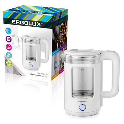 Чайник стеклянный Ergolux ELX-KG08-C01 белый 1.8л, 1800Вт купить Бытовая техника