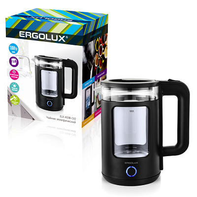 Чайник стеклянный Ergolux ELX-KG08-C02 чёрный  1.8л, 1800Вт купить Бытовая техника