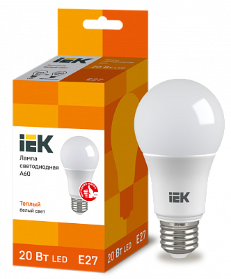Лампа светодиодная IEK A60 20W E27 3000K 1800 Лм купить Светодиодные