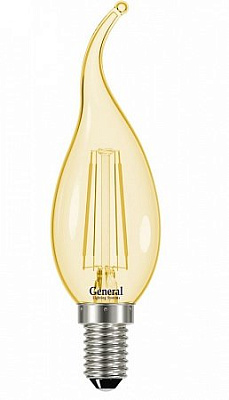 Лампа светодиодная General GLDEN-CWS филамент золотой 10W E14 2700K свеча на ветру 661422 650Lm купить Светодиодные