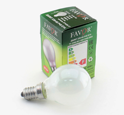Лампа шар матовый Favor Е14 60Вт Россия купить Накаливания 12V/24V/36V/220V