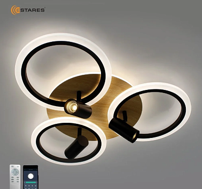 Люстра светодиодная Estares Sonne downlight 4R-APP-582x115-BLACK/WOOD/WHITE 80W до 25кв купить Светодиодные люстры