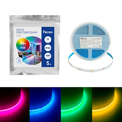 Светодиодная лента 24V 14W RGB COB Feron LS531 480SMD IP20 48946 купить Лента 24V