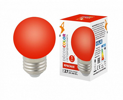 Лампа светодиодная Volpe шар G45 E27 1W красная д/гирлянды "Белт Лайт" купить Цветные